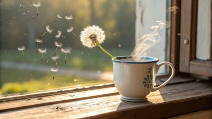 Warm Mug, Dandelion Seeds, Window Light A Tranquil Composition, Dandelion, Warmth