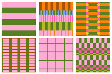 Vibrant engineered stripes and plaid seamless pattern collection. Checkered background, wide stripes geometric designs for fabrics, home decor, stationery, banner, cards etc.