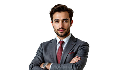 a man in a suit stands confidently with his arms crossed against a white background.
