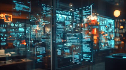 Augmented reality business meeting with multiple floating holographic task lists, innovation in management