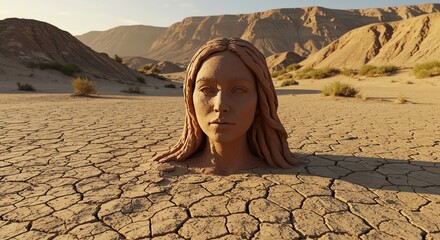 Fototapeta premium Head in desert landscape dry cracked earth
