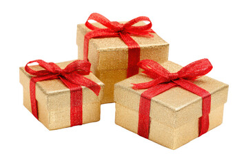 Obraz premium golden christmas glitter gift boxes with red ribbon bow isolated on white or transparent png