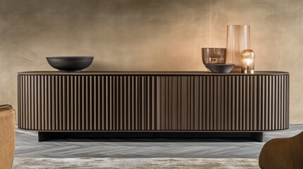 Elegant, modern wooden cabinet with ribbed facade.