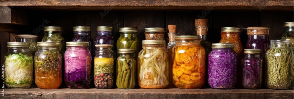 Poster colorful preserved vegetables in mason jars on rustic wooden shelf with empty space for more jars