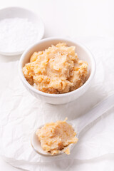Homemade greaves, hearty lard with greaves  as a spread for bread in a bowl