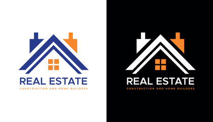 Real estate logo with blue and orange home icon with white option for property business branding