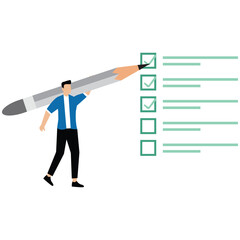 Project manager hold large pencil to check completed task tracking progress in project timeline
