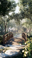Scenic wooden bridge in lush green landscape