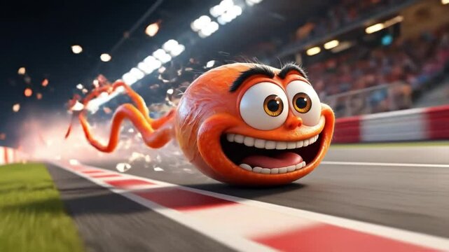 Hilarious 3D cartoon sperm character racing at high speed on a track with motion blur and energetic particles, full of joy and determination, symbolizing competition, speed, success, and the start of 