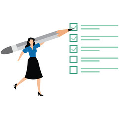 Project manager hold large pencil to check completed task tracking progress in project timeline