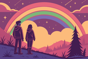 Naklejka premium 105 cinematic, colorful, surreal landscape, silhouettes of people watching night sky, vibrant rainbow, stars, digital art