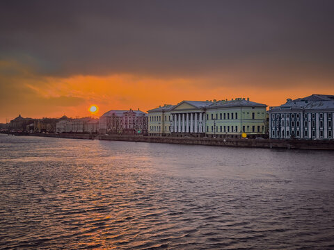 Saint-Petersburg, Russia the Neva river at sunset, view at museum and rastral column