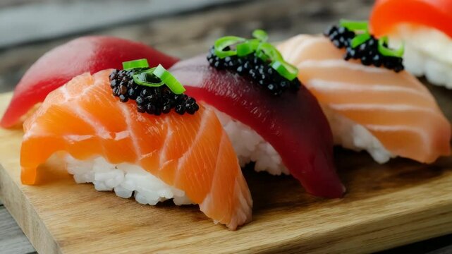 Three sushi rolls with black sesame seeds on top. The sushi rolls are on a wooden board
