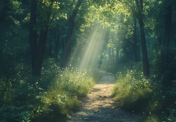Fototapeta premium Sunlit Forest Path Golden Rays and Green Canopy