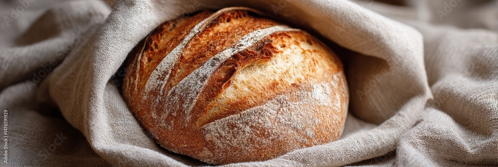 Poster freshly baked sourdough loaf in a linen wrap showing open corner with golden crust and soft interior