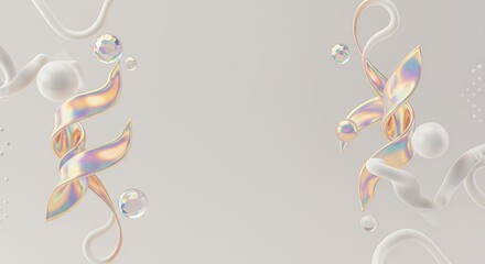 Elegant white abstract with iridescent ribbons, gold accents, and pearl spheres on a soft gray background. Modern, luxurious, and artistic design.