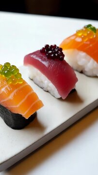 Three sushi rolls with different colored fish and a green garnish. The sushi is served on a white plate
