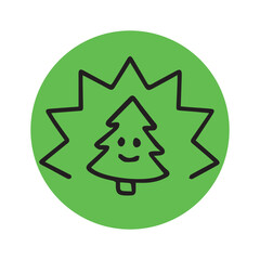 Green circle with a stylized Christmas tree, radiating sunburst effect