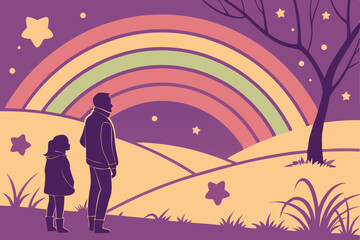 105 cinematic, colorful, surreal landscape, silhouettes of people watching night sky, vibrant rainbow, stars, digital art