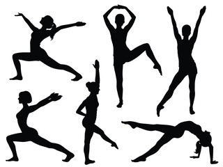 Set of silhouettes of women exercising, stretching, vector