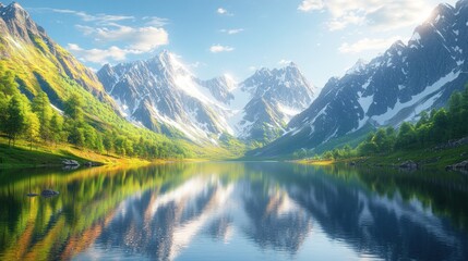 Serene mountain lake reflecting a vibrant sunrise. Lush greenery, snow-capped peaks, and a tranquil atmosphere