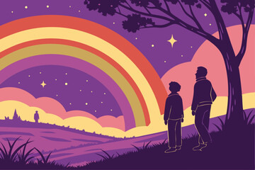 105 cinematic, colorful, surreal landscape, silhouettes of people watching night sky, vibrant rainbow, stars, digital art