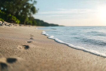 Tranquil beach with gentle waves and footprints in sand Generative AI