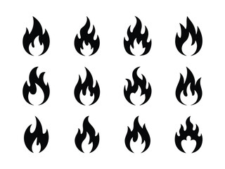 Set of black fire silhouette icons, flame vector design, Collection of fire symbol vector elements
