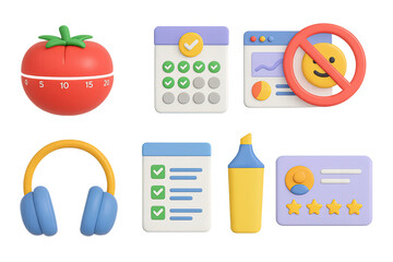 Time management and productivity 3d icons set – task, schedule, planning symbols