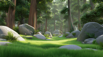 A forest with a path through it and rocks on either side