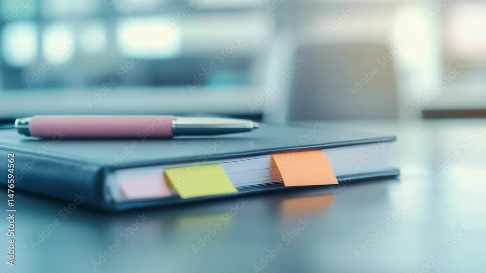 Aufkleber Pink pen is lying on a closed notebook with colorful bookmarks inserted between pages, suggesting an organized and efficient work environment in a modern office setting