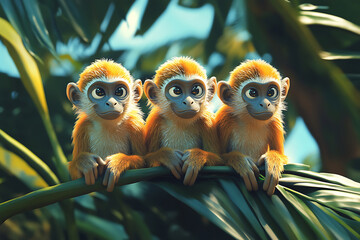 Fototapeta premium Three playful monkeys perched on a lush green branch, surrounded by vibrant tropical foliage