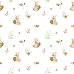 Seamless pattern with cute  bunnys , leaves ,  acorns , twigs and different elements for fabric design, wallpaper , grafik arts