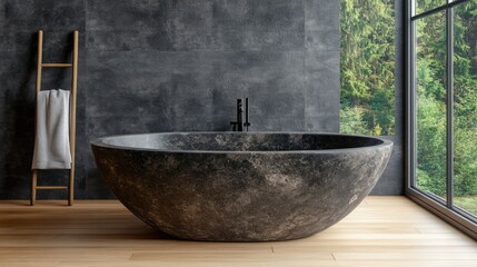 Modern, dark stone bathtub in a contemporary bathroom.