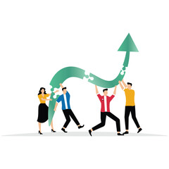 Fototapeta premium Businessman and woman teamwork help carry big growth rising up arrow graph goal and direction, support and partnership for career growth