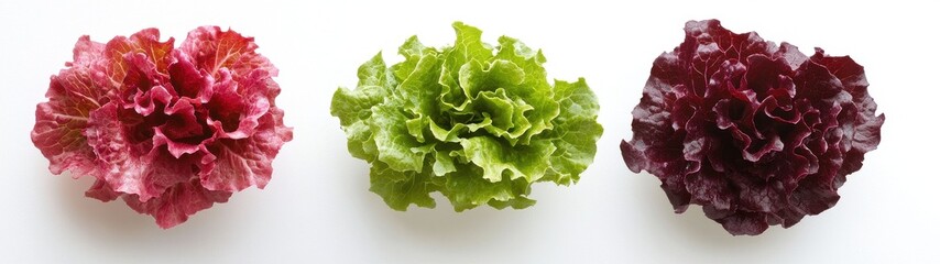 Three Colorful Lettuce Heads on White Background