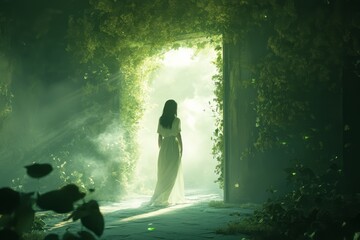 Woman in white dress walking towards bright doorway in overgrown magical forest, hope and new beginnings