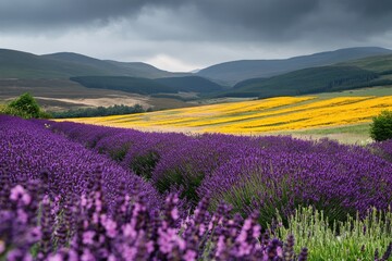 Purple lavender fields meet golden wildflowers, with distant hills
