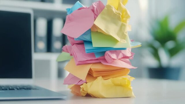 Messy stack of colorful sticky notes, some crumpled and some folded, sits on a desk in an office environment, next to a laptop, representing brainstorming and creative thinking