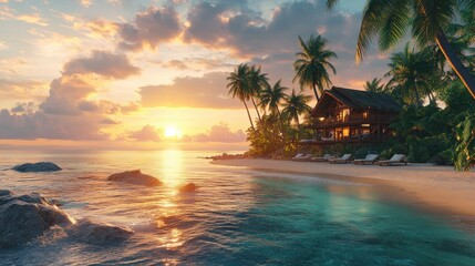 Tropical Sunset Beach Scene Wooden House and Palm Trees