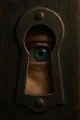 Blue eye peeking through an antique keyhole