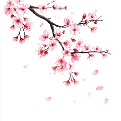 Pink Blossom Branch with Falling Petals on White Background