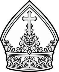 Intricate Black and White Vector Illustration of a Bishop Mitre with Cross and Baroque Ornament – Religious Clergy Hat Clipart Design
