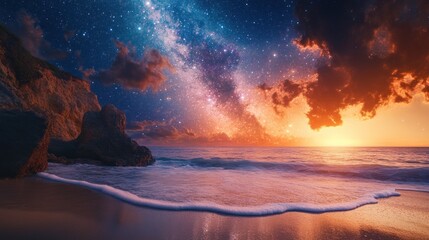 Fototapeta premium Cosmic beach sunset, starry night