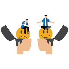 Fototapeta premium Difference positive and negative Business man meditating on head with the mood scale with sit Sad Stress on head emotion happy and sad faces