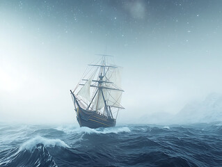Obraz premium Antique Ship in Misty Sea at Night