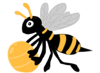 A cartoon bee holding flower nectar with crayon-drawn hands, childlike design elements, symbolizing creativity, nature, and the joy of learning through art.

