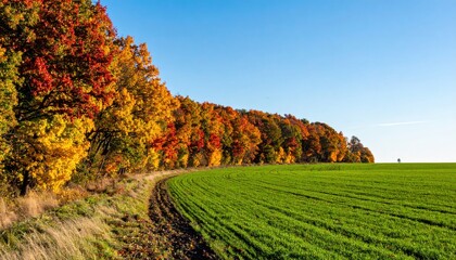 Fototapeta premium Autumn colors transforming landscape rural field nature photography clear sky serene environment seasonal change