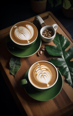 Two cups of cappuccino with latte art in the shape of leaves on green mugs
