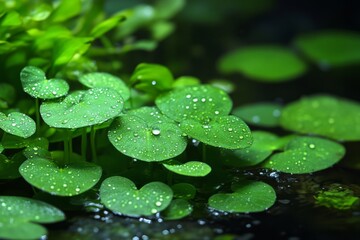Fresh, round, green leaves with glistening water droplets create a tranquil natural scene